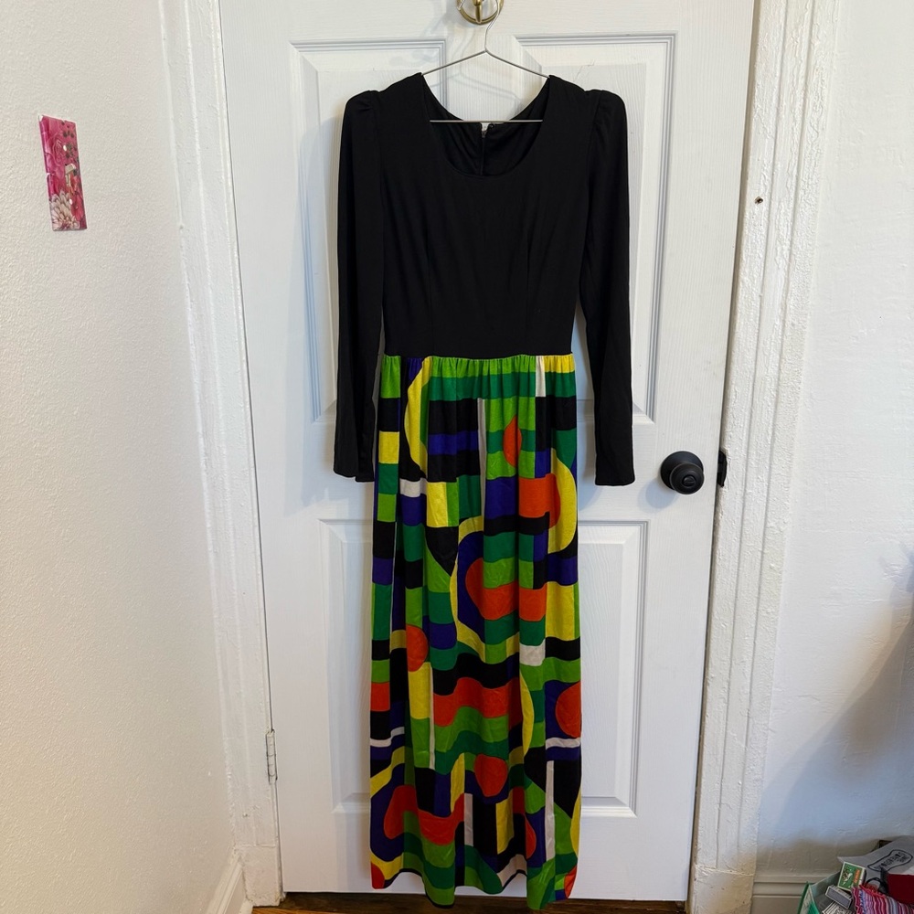 Vintage 70's Black and Multicolor Maxi Dress